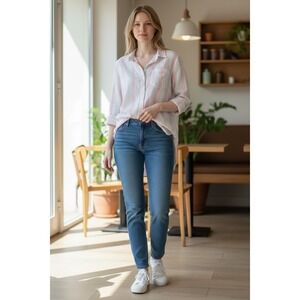 Dash Women's 1X Striped Button Front Shirt 100% Cotton Pink Blue Roll Tab Sleeve